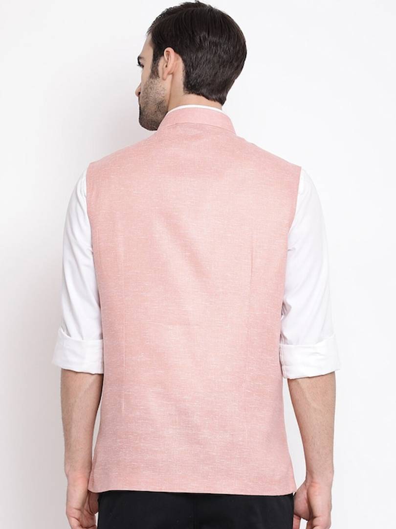 Men's Peach 
Cotton Blend
 Woven Design Nehru Jackets